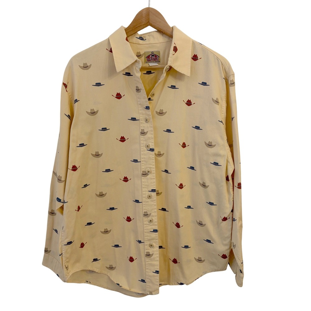Barn Fly Button Up Shirt Womens L Western Novelty Cowboy Hat Print Vintage Rodeo